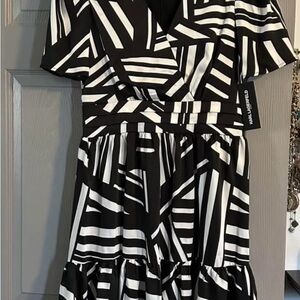 Karl Lagerfeld Black and White Ruffled Tie Front Midi Dress